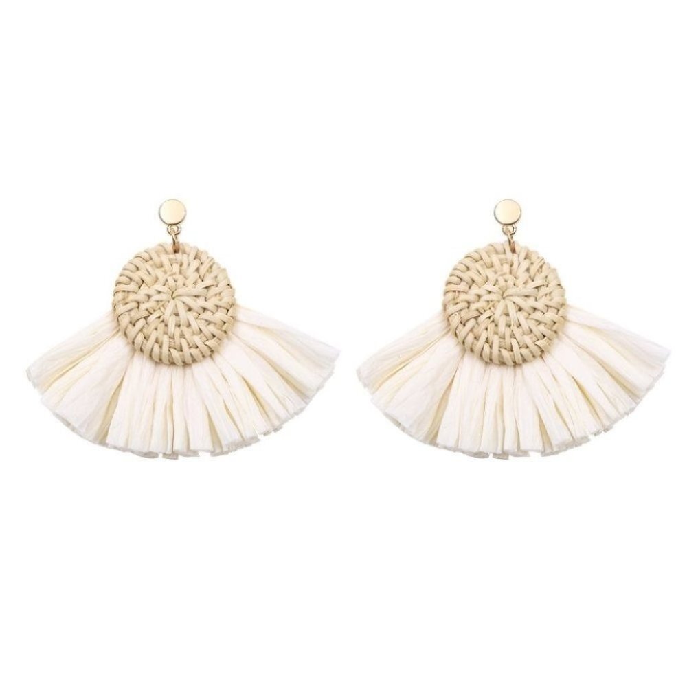 Bamboo Rattan Raffia Fan Tassel Ladies Earrings